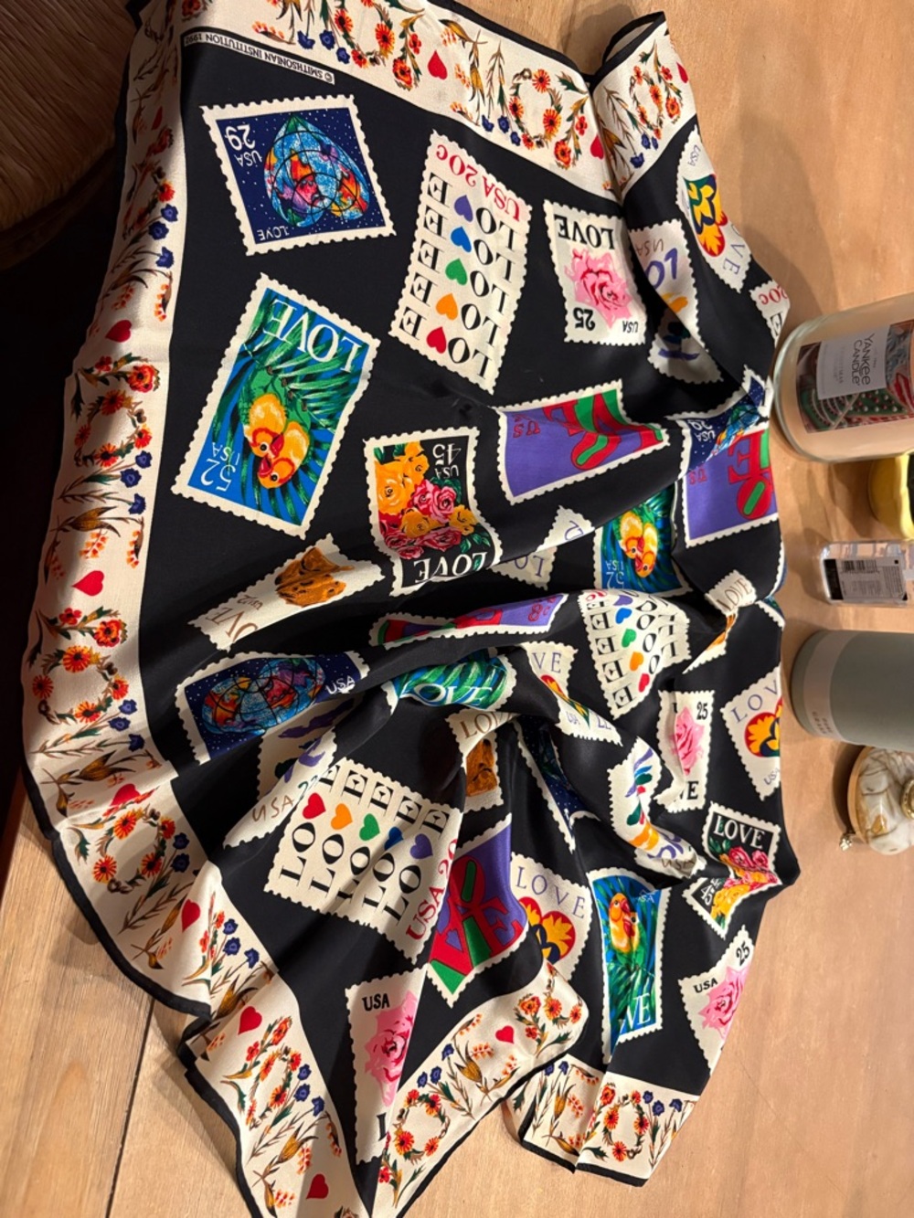 Women's Black 'Love Stamp' Print Silk Scarf